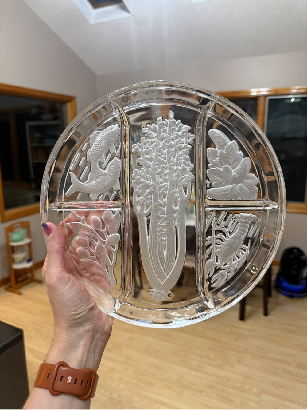 Indiana Glass Divided Serving Plate with Floral & Fish Motifs